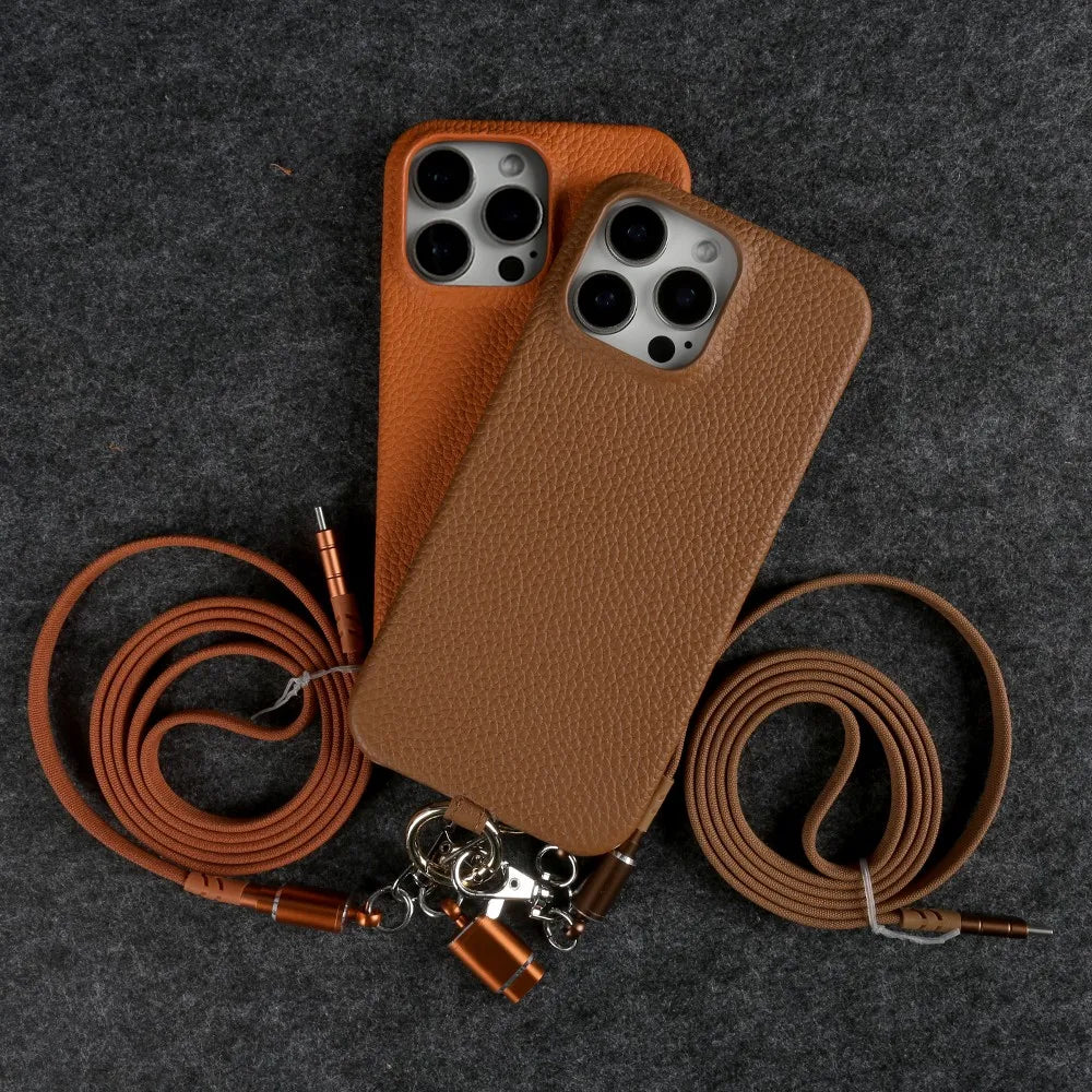 Funda de piel auténtica personalizable con cordón de carga para iPhone 16 Pro Max, 15, 14, 13, 12 y 11, con funda magnética.