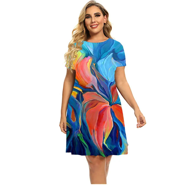 Women's Plant Flower Print Dress Short Sleeve Loose A-line Dress O-neck Casual Dress Plus Size Summer 