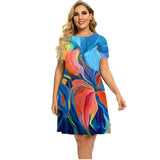 Women's Plant Flower Print Dress Short Sleeve Loose A-line Dress O-neck Casual Dress Plus Size Summer 