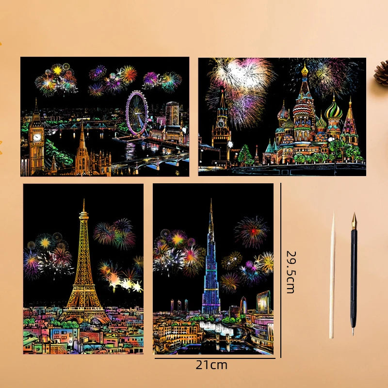 2 Sheets Scratch Paper Art Kit DIY Craft World Landmarks Animals City Scene Stylus Drawing Toy Adult Stress Relief Creative Gift