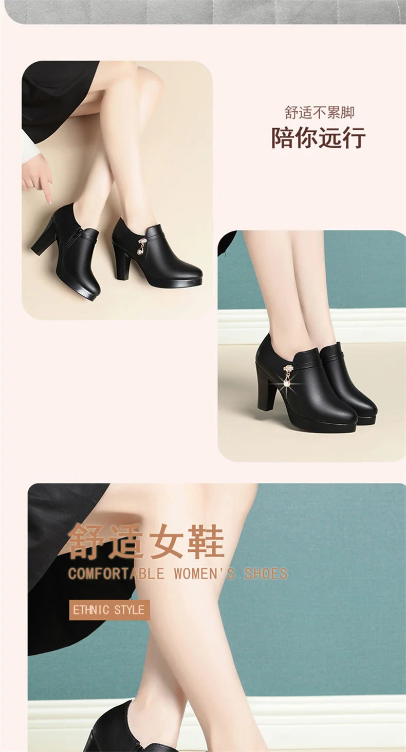 Comfortable Fashion Deep Mouth Soft Leather Women's Platform Shoes 2024 Fall Med Block Heels Single Shoes for Office Mom