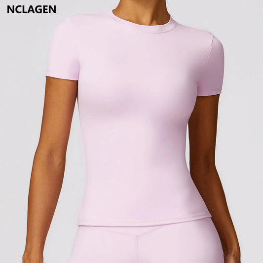 NCLAGEN Women's Running Sports T-Shirt Summer Short Sleeve Round Neck Breathable Stretchy GYM Yoga Slim Fitness Active Top Tee