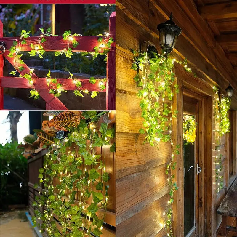 Varal de Luzes com Folhas Verdes (2m) – Cordão de LED com Hera Artificial para Decoração de Casamentos, Festas e Ambientes (Parede/Guirlanda)