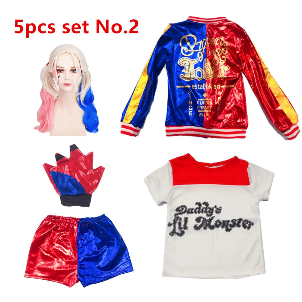 Harley Quinn Cosplay Suicide Squad Harleen Quinzel Kids Girls T-Shirt Joker Jacket Halloween Costume