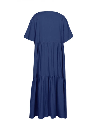 Plus Size 2025 Summer New V-neck Short Sleeve Pleated Solid Colour Loose Casual Midi Dress Basic Hem Pleated