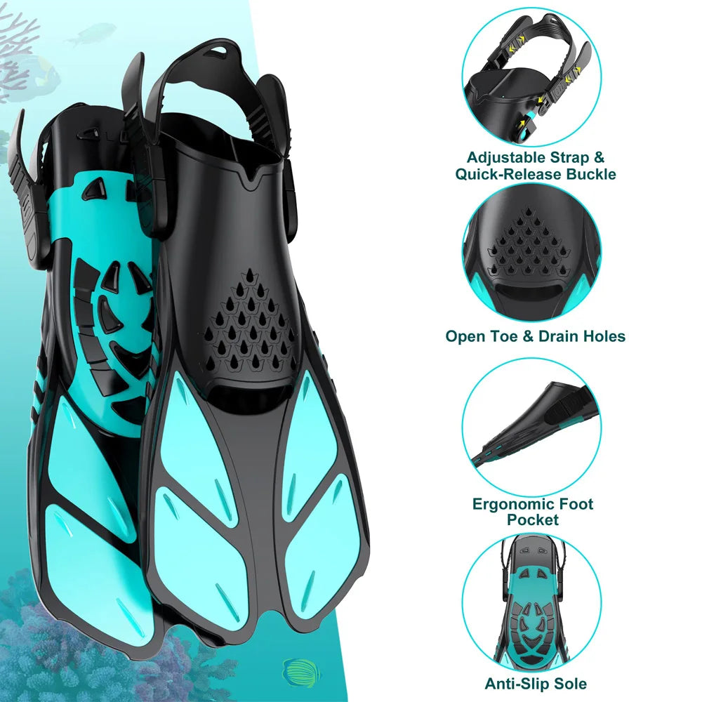 Snorkel Fins Adjustable Buckles Swimming Flippers Short Silicone Scuba Diving Shoes Open Heel Travel Size Adult Men Women