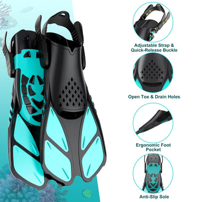 Aletas de snorkel con hebillas ajustables, aletas de natación cortas de silicona, zapatos de buceo con tacón abierto, talla de viaje, para adultos, hombres y mujeres