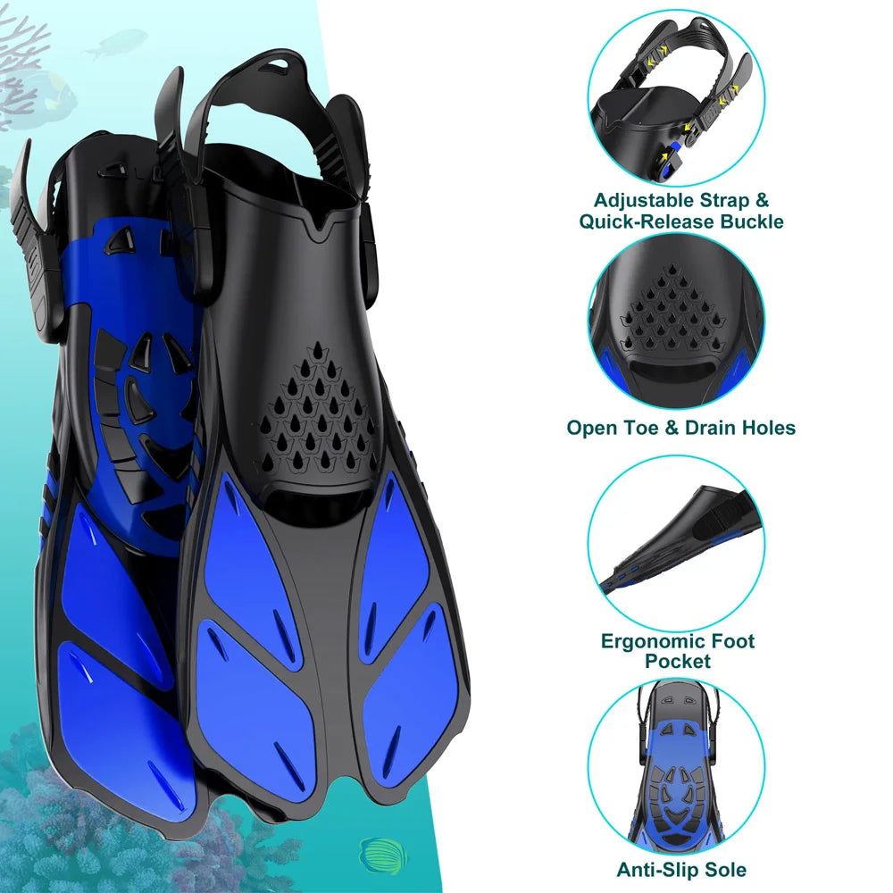 Aletas de snorkel con hebillas ajustables, aletas de natación cortas de silicona, zapatos de buceo con tacón abierto, talla de viaje, para adultos, hombres y mujeres