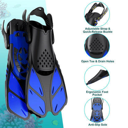Aletas de snorkel con hebillas ajustables, aletas de natación cortas de silicona, zapatos de buceo con tacón abierto, talla de viaje, para adultos, hombres y mujeres