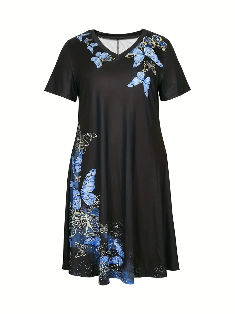 Plus size 2025 vestidos casuais femininos manga curta plus size vestido de verão com bolsos decote em v vestidos maxi swing