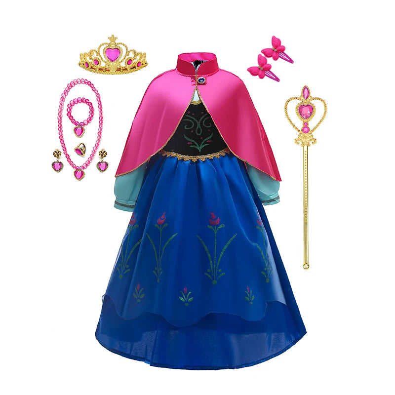 Disney Frozen Princess Anna Dress with Fuchsia Cape Girls Snow Queen Elsa's Sister Costume Play Toddler Carnival Royal Frocks