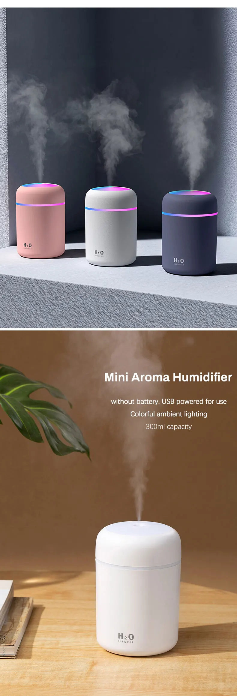 300ml Aromatherapy Diffuser Humidifier Air Purifier Car Home Use Seven-color Light Aromatherapy Essential Oil