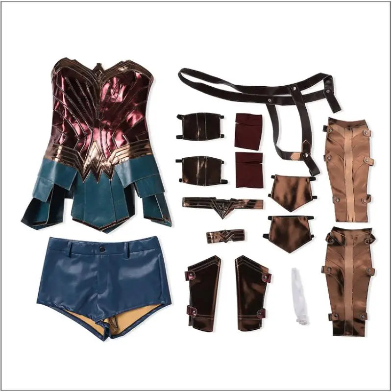 Anime Wonder Cos Dress Diana Cosplay Costume Adult Brown Top Faux Leather Corset Shorts +Girl Accessories Halloween Outfit