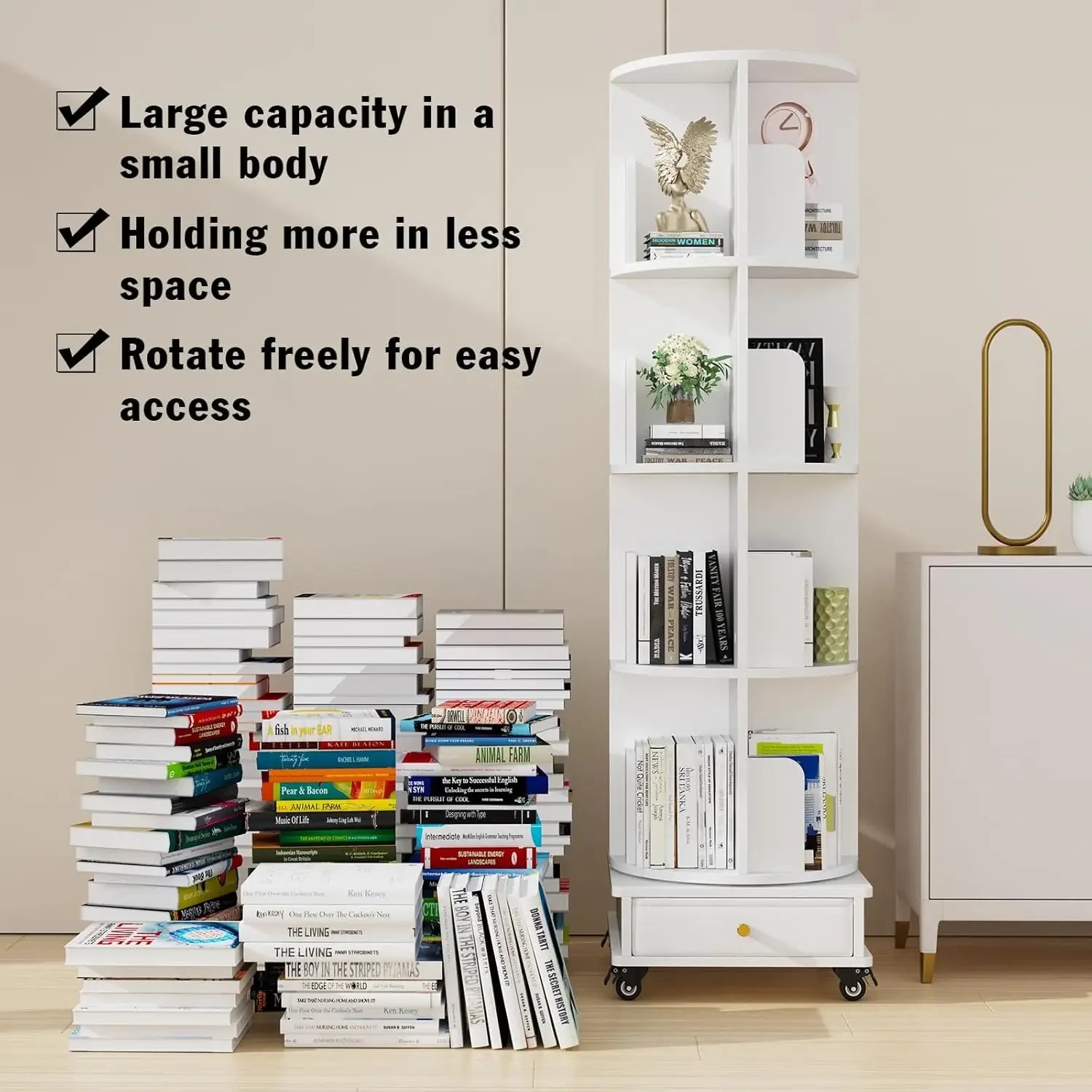 Wooden 4-layer Corner Bookshelf Can Rotating Movable Bookshelf With Single Drawer/Wheels/Storage Shelf For Study/Bedroom/Home