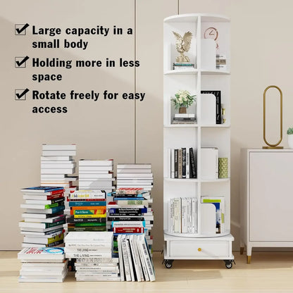 Wooden 4-layer Corner Bookshelf Can Rotating Movable Bookshelf With Single Drawer/Wheels/Storage Shelf For Study/Bedroom/Home