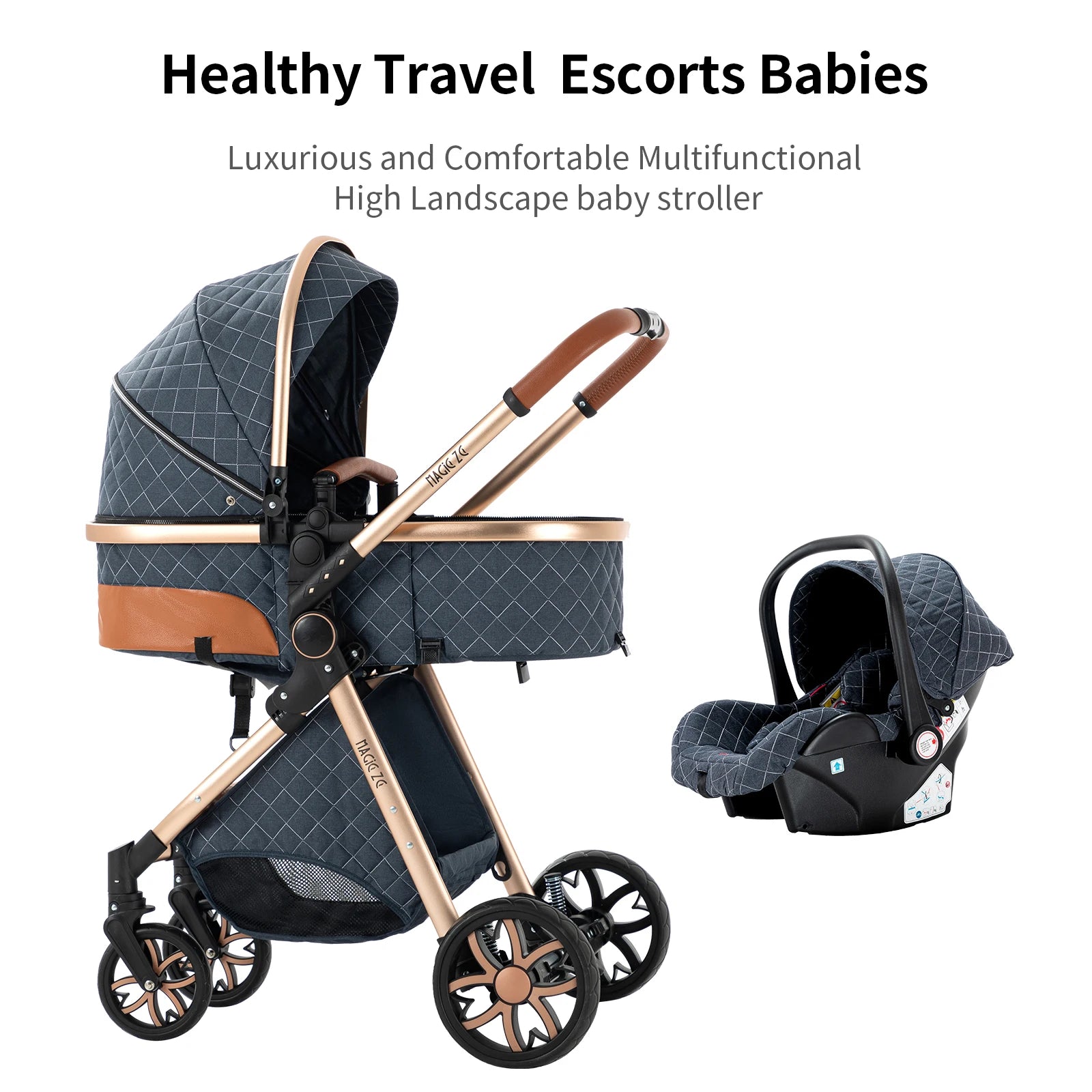 Cochecito de bebé ligero 3 en 1, sistema de viaje de lujo con asiento ajustable, capota y mosquitera para recién nacidos.