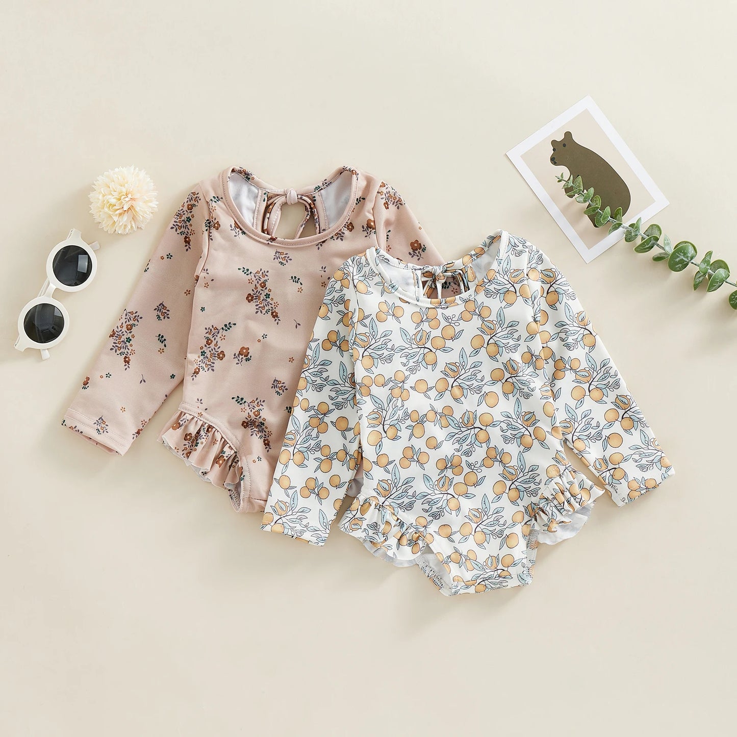 Traje de baño de verano para niñas pequeñas, estampado floral, sin espalda, con volantes, manga larga, ropa de playa para niñas de 0 a 4 años
