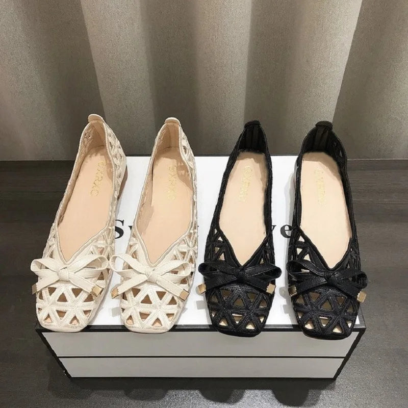 2025 New French Style Bow Flat Sandals Women Geometric Cut-Out Peep-Toe Breathable Summer Beige Shoes for Dresses