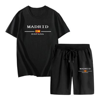 Madrid Spain Pattern T-shirts 2pcs Set High Quality Pure Cotton Tops and Quick Dry Shorts Mens Casual Sports Football Suits