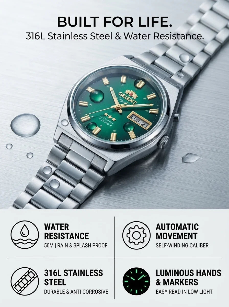 Relógio masculino automático vintage 36mm mostrador champagne em aço inox
