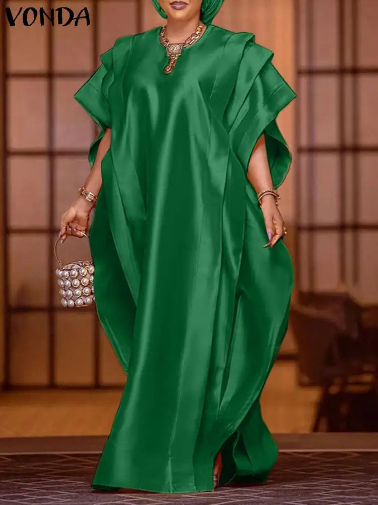 Vonda-Vestido Maxi Elegante Feminino, Manga Curta, Cetim de Babados, Vestido de Festa, Casual, Solto, Sólido, Tamanhos Grandes, Verão, 2024