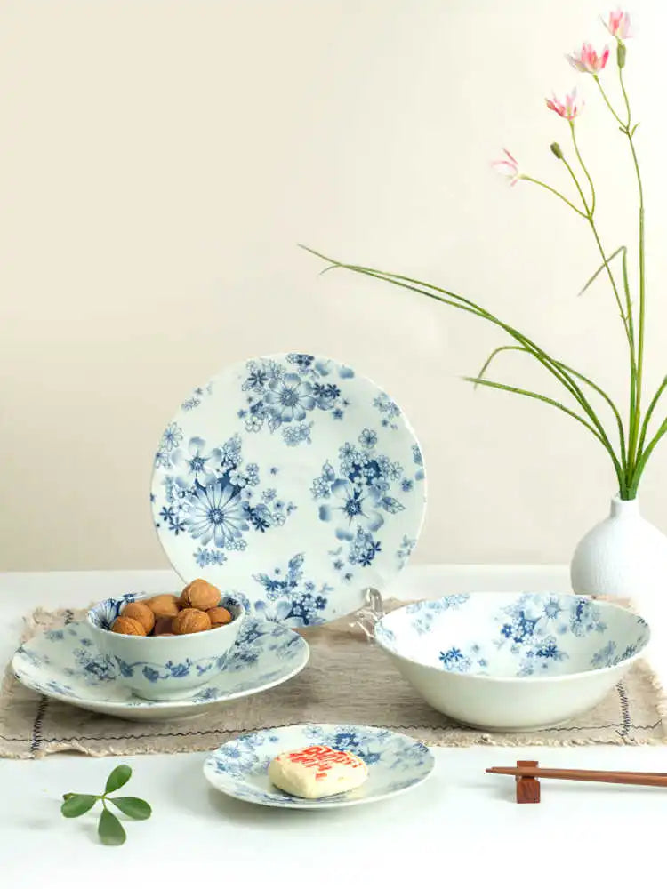 Household Ceramic Tableware Set Japanese Style Simple Restaurant Sushi Plate Circular Flower Patterns Fruit Plates
