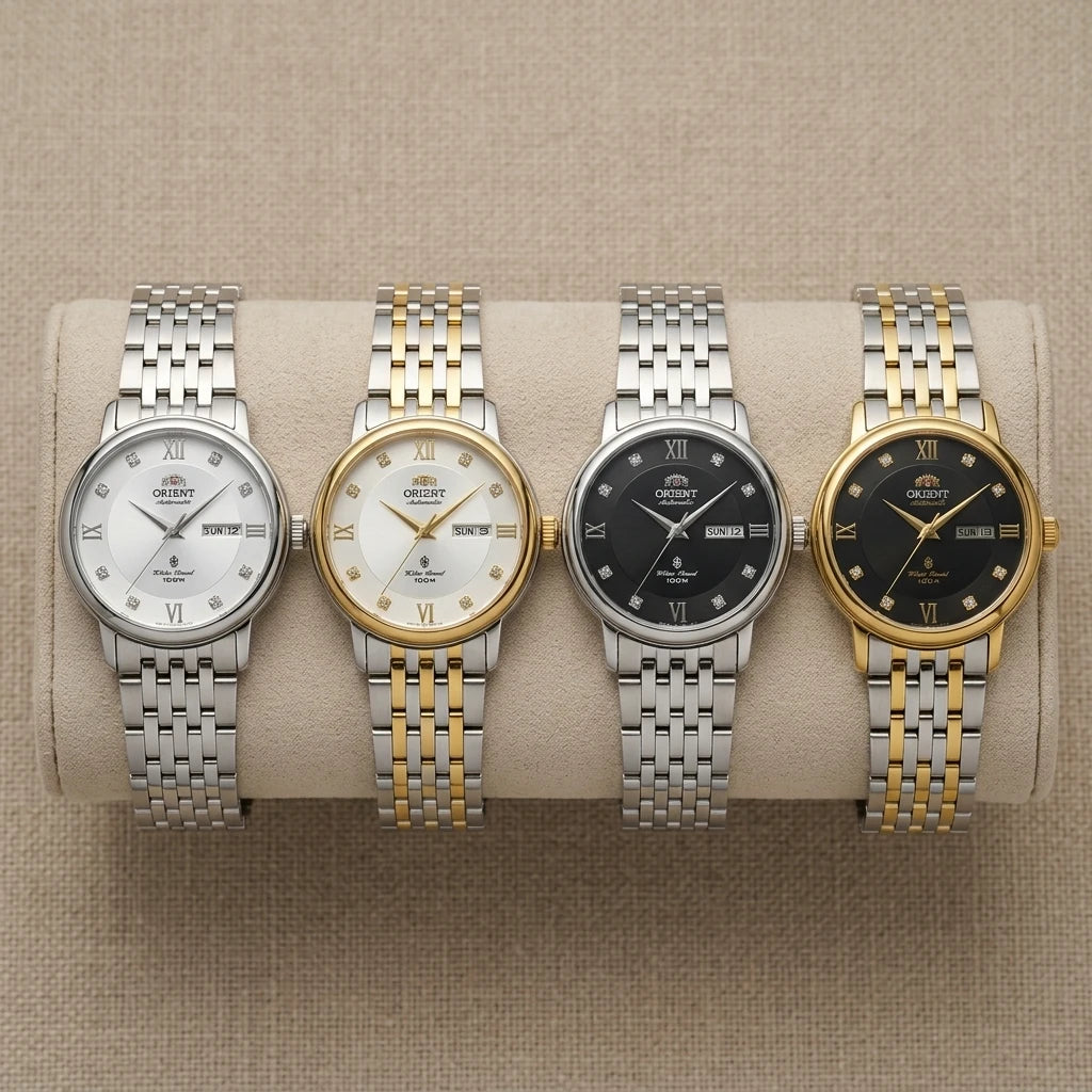 Relógio feminino automático bicolor calendário duplo em aço inoxidável