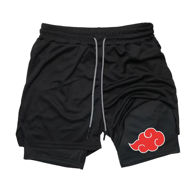 2 in 1 Performance Shorts Athletic Compression Shorts with Towel Loop Pockets Gym Workout Fitness Running Anime Print RL00107