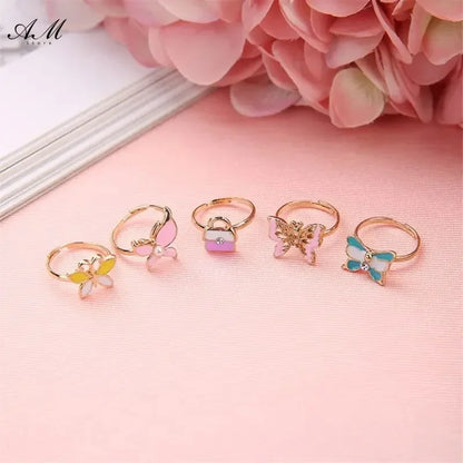 10 Pcs Adjustable Alloy Baby Girl Rings with Heart Shaped Box Cartoon Mix Finger Jewellery Rings Kid Girls Toys Random Color