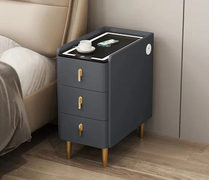 Nordic Style Intelligent Solid Wood Bedside Table Faux Leather 3 Drawers Nightstands with Wireless Charging Side Storage Cabinet