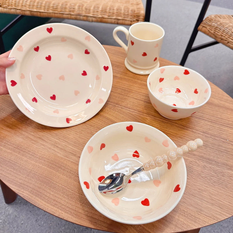 Heart-shaped Ceramic Dinnerware Set, Dinner Plate, Rice Salad Bowl, Coffee Mug, Japanese Love, Warm Gift for Valentine day