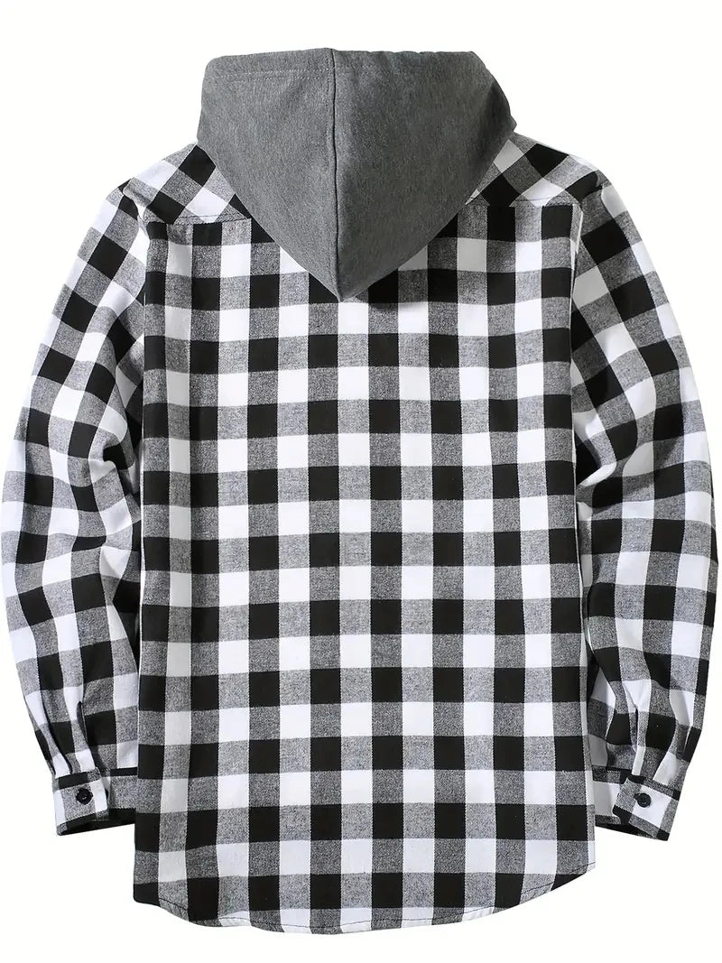 Camisa a cuadros con capucha de moda juvenil para hombre, camisa de manga larga ajustada, camisa informal de viaje para parejas, camisa deportiva para hombre, chaqueta