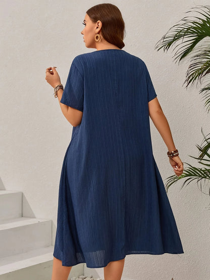 Plus Size Women's Summer Navy Blue Loose Dress - Figure-Flattering Irregular Midi Skirt for Curvy Ladies, Elegant Casual A-Line