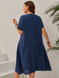 Plus Size Women's Summer Navy Blue Loose Dress - Figure-Flattering Irregular Midi Skirt for Curvy Ladies, Elegant Casual A-Line