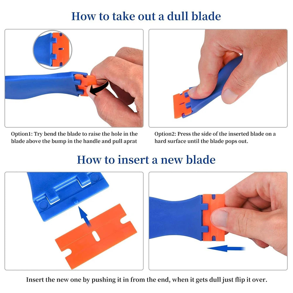 Raspador de cuchillas de afeitar de plástico con cuchillas de plástico, herramienta de limpieza para pisos, estufas, ventanas de automóviles y vidrios. 