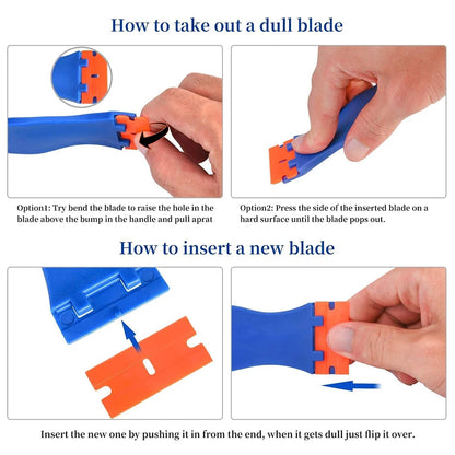 Raspador de cuchillas de afeitar de plástico con cuchillas de plástico, herramienta de limpieza para pisos, estufas, ventanas de automóviles y vidrios. 