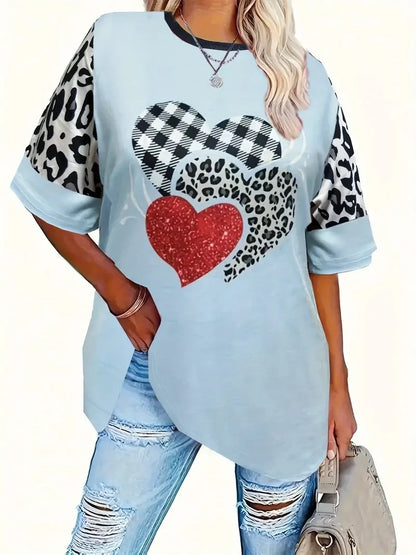 Camiseta con estampado de corazón a cuadros para mujer, primavera y verano 2024, informal, de manga corta, talla grande 