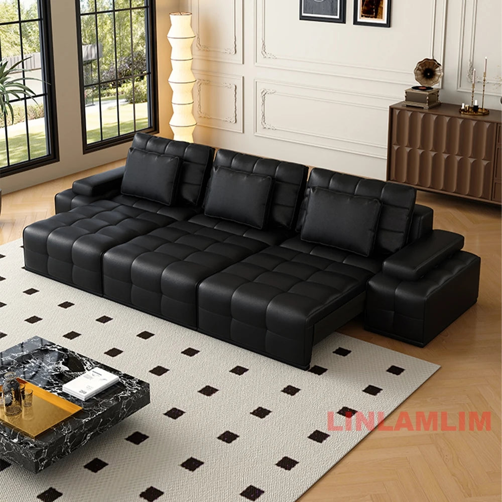 MINGDIBAO Modern Genuine Leather Sectional Sofa Bed – Convertible Couch with Tufted Backrest and Armrest,Functional Sleeper Sofa