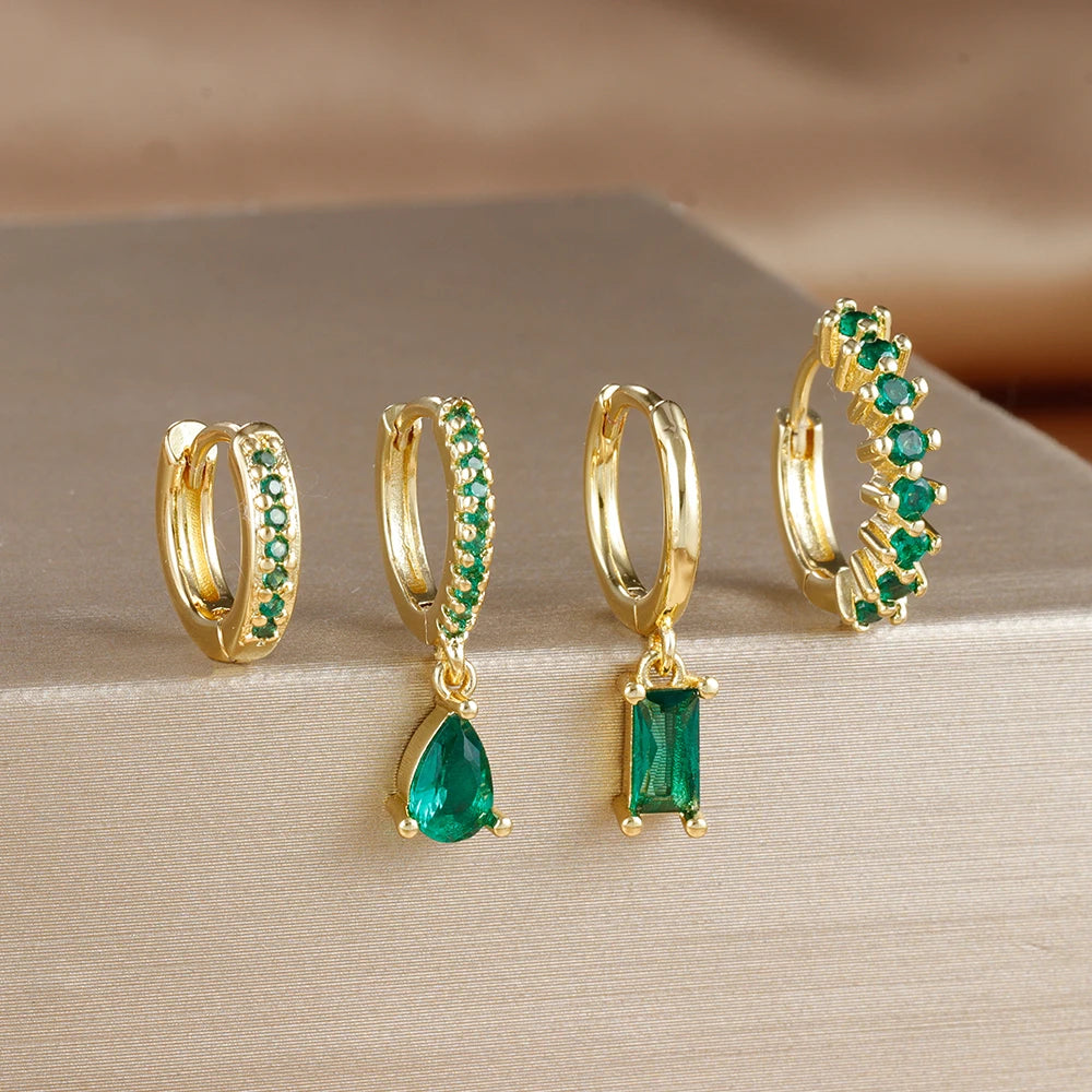 4PCS Colorful Cubic Zirconia Stainless Steel Hoop Earrings Set for Women Pendant Water Drop Earring Cartilage Piercing Jewelry
