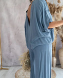 Women's Summer Trousers Suit V-neck Batwing Sleeve Casual Top Lace-up Trousers Loose Solid Color Two-piece Set
