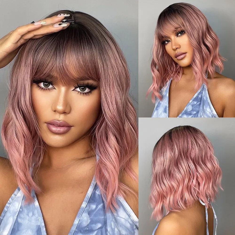 Women Grey Wavy Bob Wigs with Bangs Short Blonde Ombre Synthetic Wig With with Dark Roots Natural Hair for Daily Use