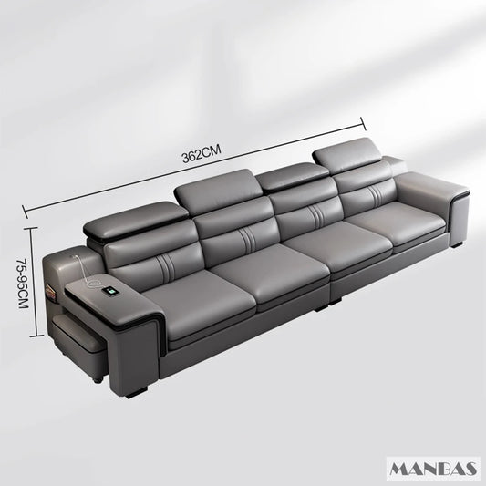 MINGDIBAO Leather Sectional Sofa Set with Cup Holder, USB, Adjustable Headrests & Bluetooth Speaker Living Room Couch with Stool