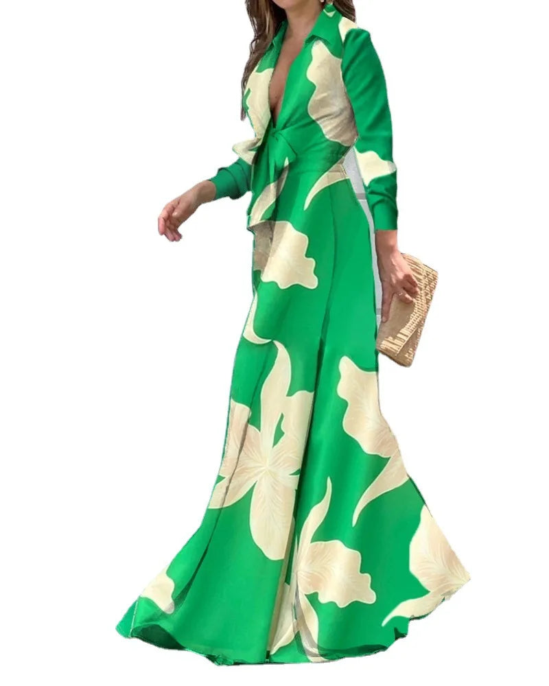 Women's Clothing 2022 Autumn New Fashion V-neck Long-sleeved Lapel Top Loose Wide-leg Jumpsuit for Women