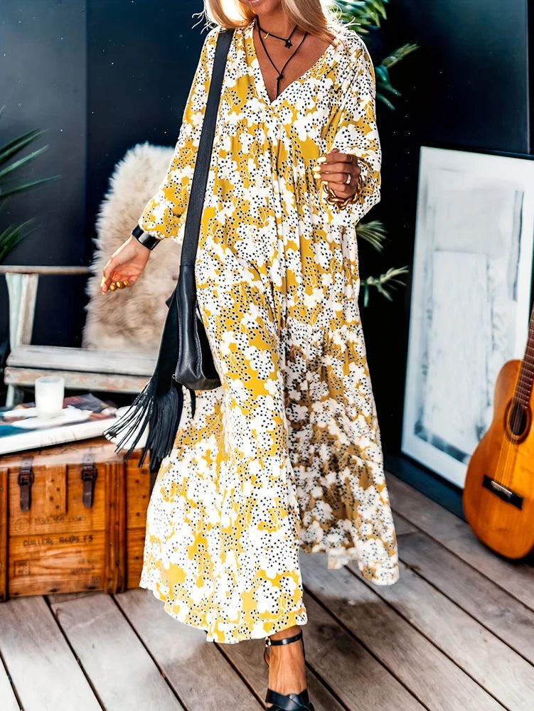 Plus size feminino floral impressão lanterna manga espartilho vestido primavera verão nova manga longa com decote em v vestidos longos