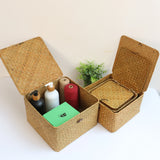 Set of 4 Seagrass Basket with Lid Wicker Storage Basket Decor Storage Boxes Flat Storage Bins Woven Organizer Baskets for Shelf