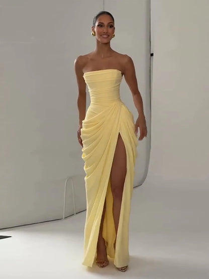 Sexy Solid Pleated Strapless Dress Lady Chic Off-shoulder Backless High Waist Split Dresses Women 2026 New Evening Party Gown