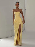 Sexy Solid Pleated Strapless Dress Lady Chic Off-shoulder Backless High Waist Split Dresses Women 2026 New Evening Party Gown