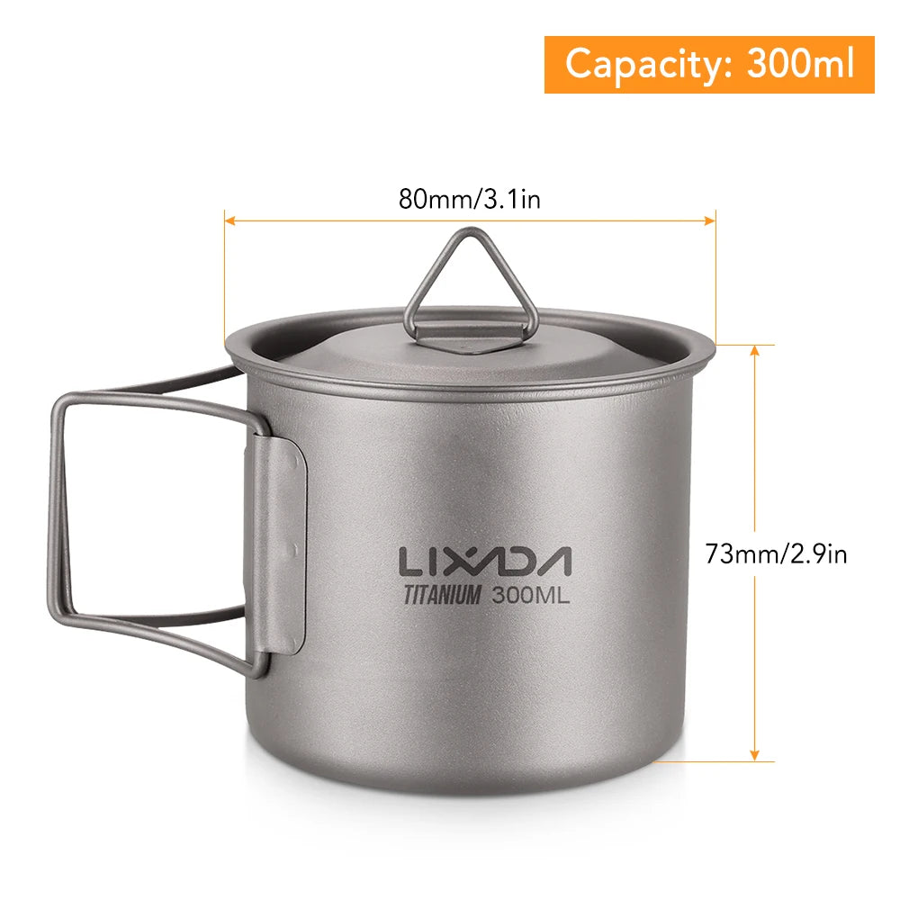 Taza de agua ultraligera de titanio Lixada con asa plegable, portátil para exteriores, camping, picnic, 300 ml/350 ml/550 ml/650 ml