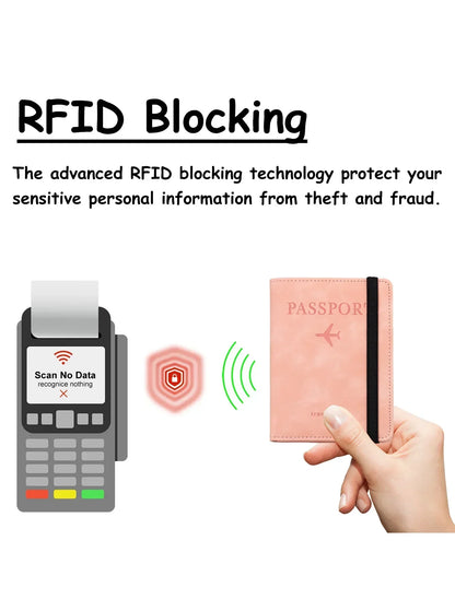 Tarjetero de cuero con bloqueo RFID, funda para pasaporte, billetera, accesorios de viaje para mujeres y hombres.