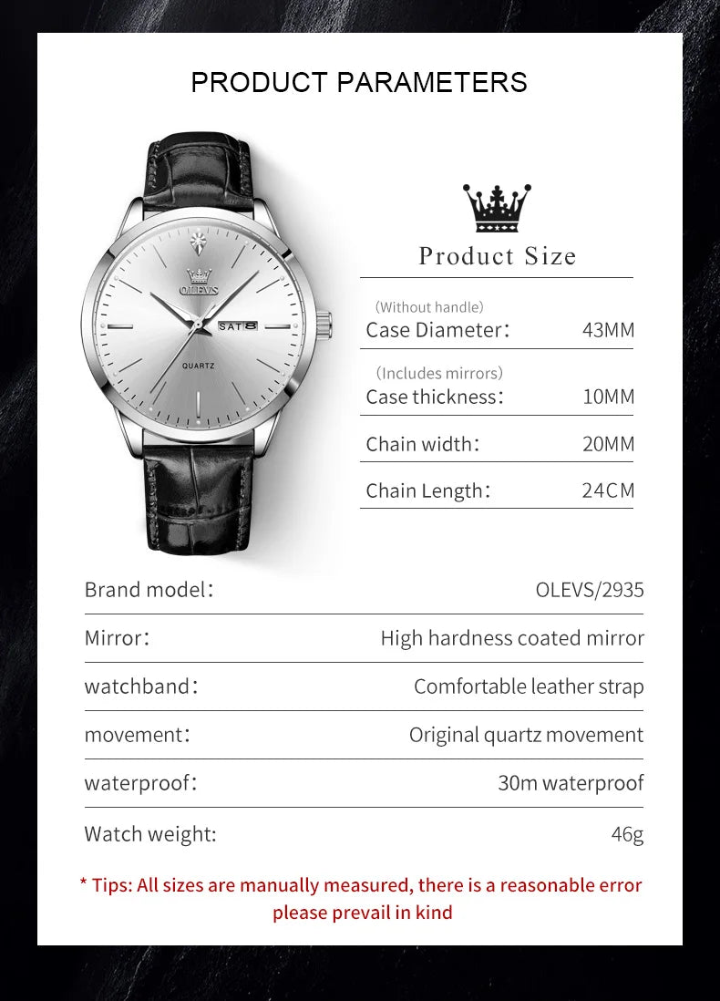 Reloj de vestir de cuarzo OLEVS 2935 con calendario dual para hombre, sencillo y original, de cuero, resistente al agua, luminoso, para negocios.
